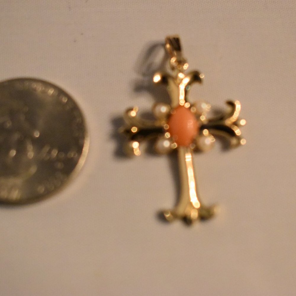Pretty 14K Yellow Gold, Pearl, and Coral Pendant - Cross